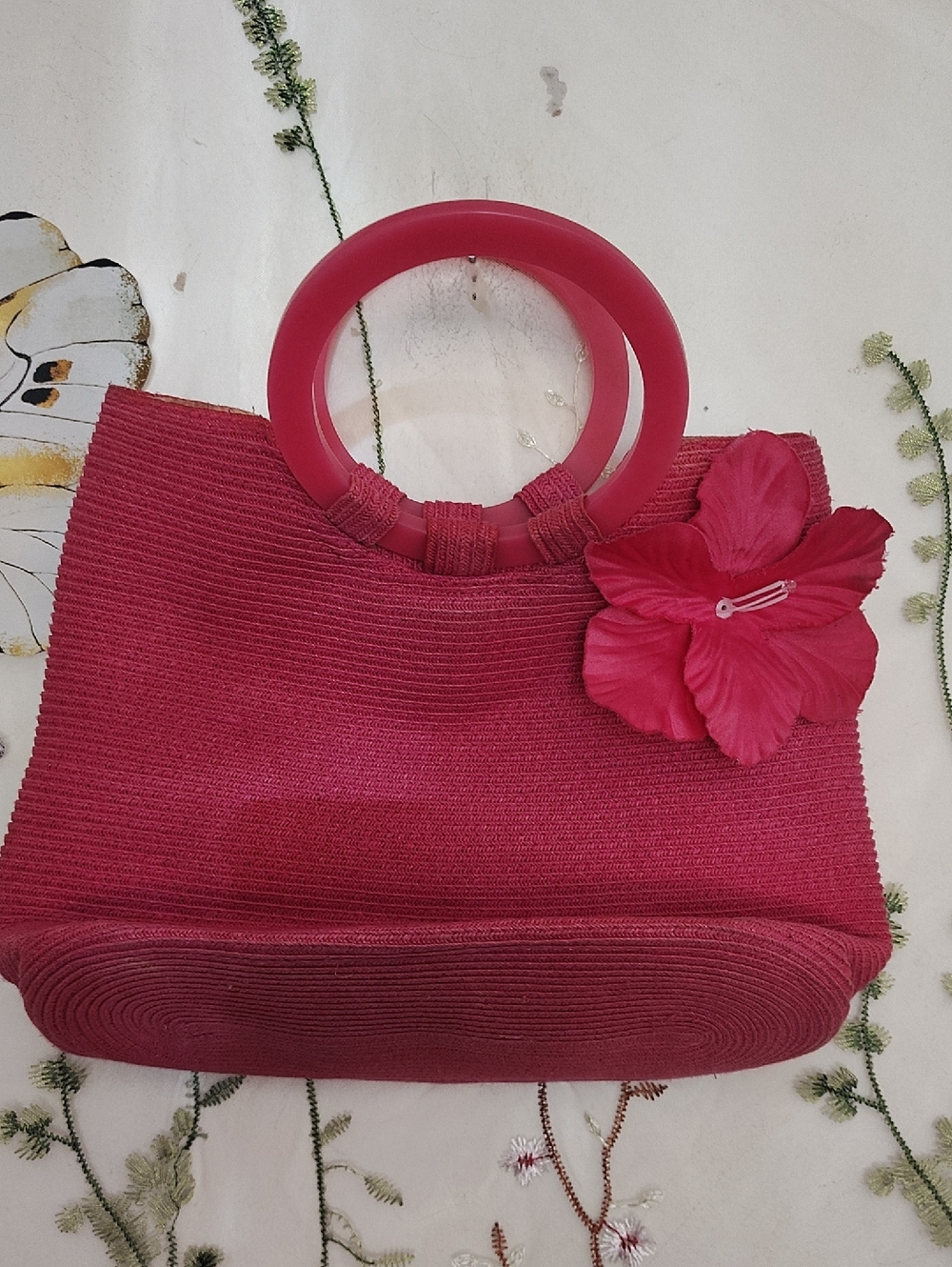 Liz Claiborne Hot Pink Round-Handle Tote with Floral Accent